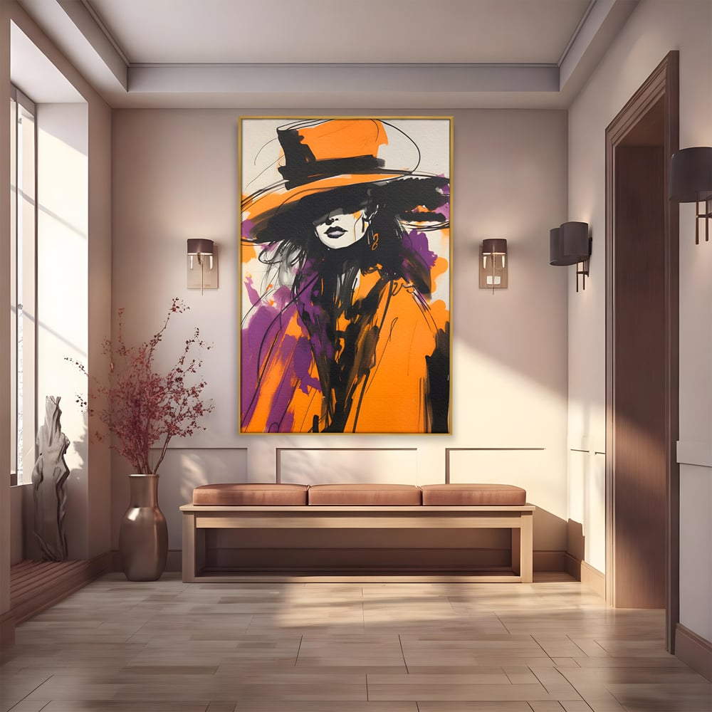 Tablou canvas cu ilustratie portret femeie cu palarie portocalie, in rama de aluminiu auriu